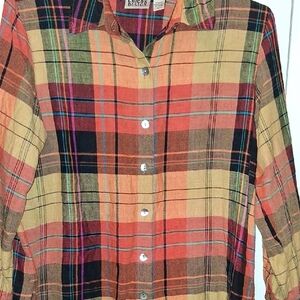 Chico's Design Multicolor Plaid 100% Linen Buttondown Shirt